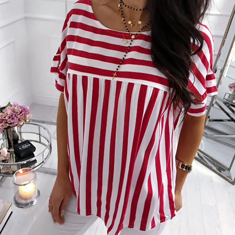2019 Летняя Повседневная полосатая Лоскутная футболка с круглым вырезом и