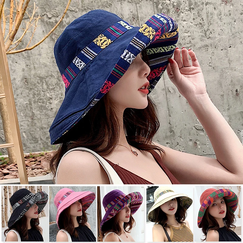 Cotton Bucket Hat ladies Sun Big Eaves Cover Face Fisherman Wild National Style Foldable Double-sided Sunscreen | Аксессуары для