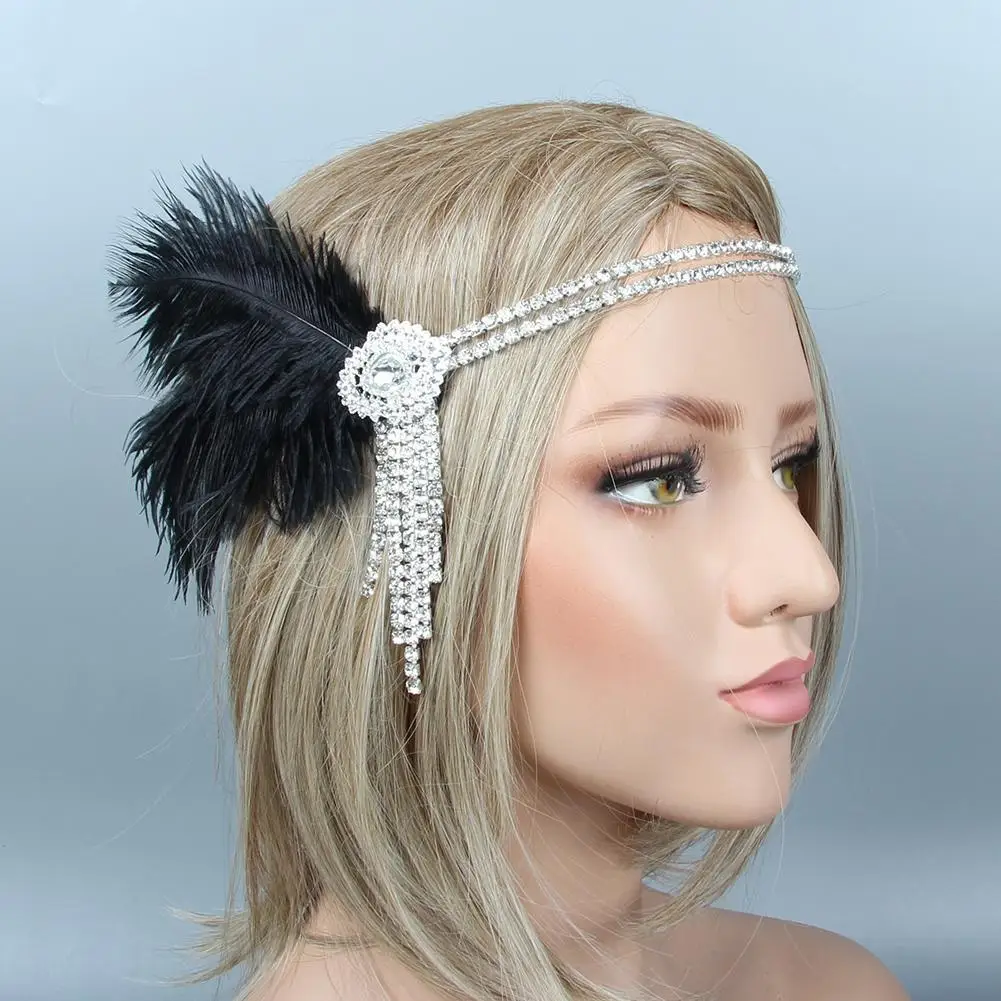 Винтажная повязка на голову Стразы с перьями для женщин цепочка из бисера волос