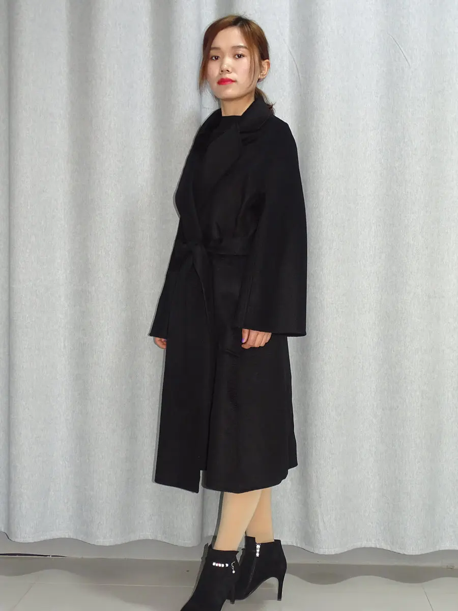 

black Double faced cashmere Overcoat girl 2020 New autumn and winter high-end temperament Medium and long term woolen coat