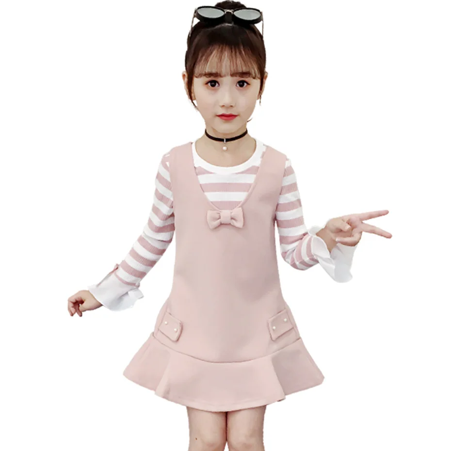 Весенняя одежда полосатая футболка для девочек + платье жилет комплект из 2