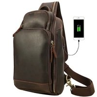luxury genuine leather mens natural leather usb multi function charging one shoulder messenger leather backpack chest bag new