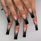 Черные Французские накладные ногти 24 шт., сверхдлинные накладные ногти с узором огня, гроб, накладные ногти сделай сам, накладные ногти из искусственной балерины для дизайна ногтей