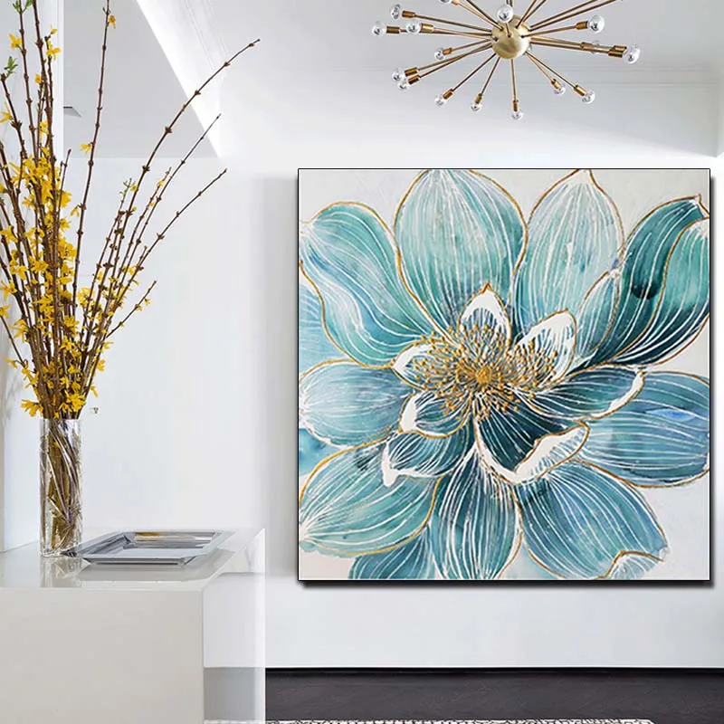 

Hand Painted Impasto Abstract Blue Loutes Flower Wall Picture Oil Painting Canvas Living Room Bedroom Home Decor Drop Shipping