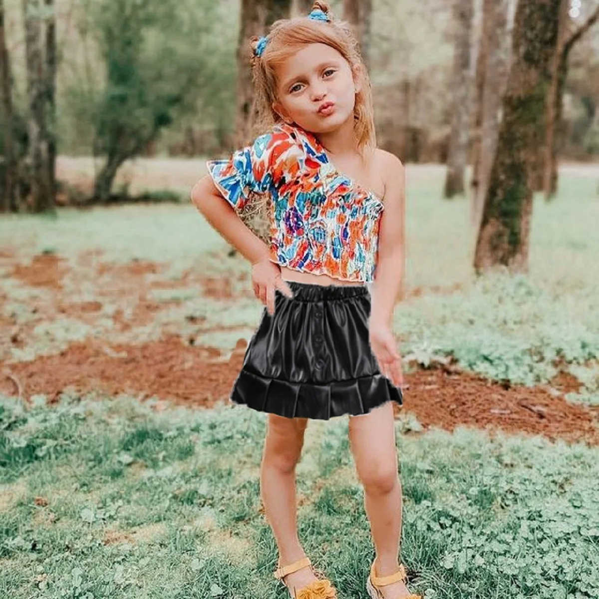 

Эластичная одежда с высокой талией, Детская футболка на одно плечо + юбка, украшение с шикарным принтом и оборками