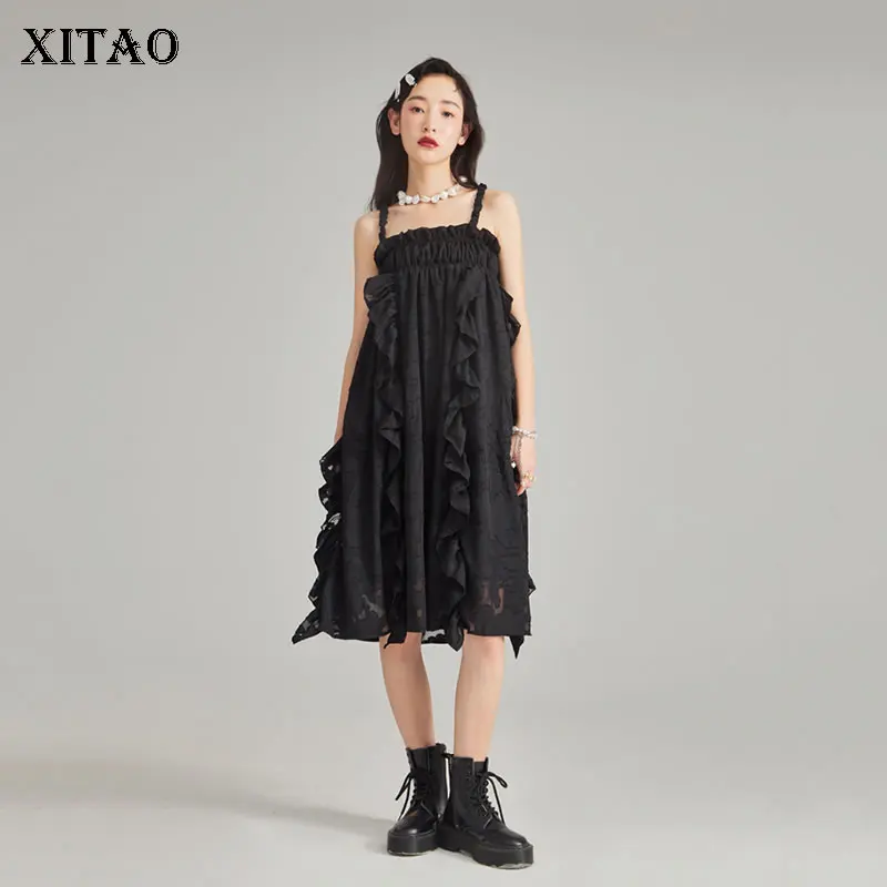 

XITAO Solid Black Jacquard Sling Dress Flounced Edge Splicing Folds Elastic Waist Bandage Bow Summer Two Ways To Wear CLL1303