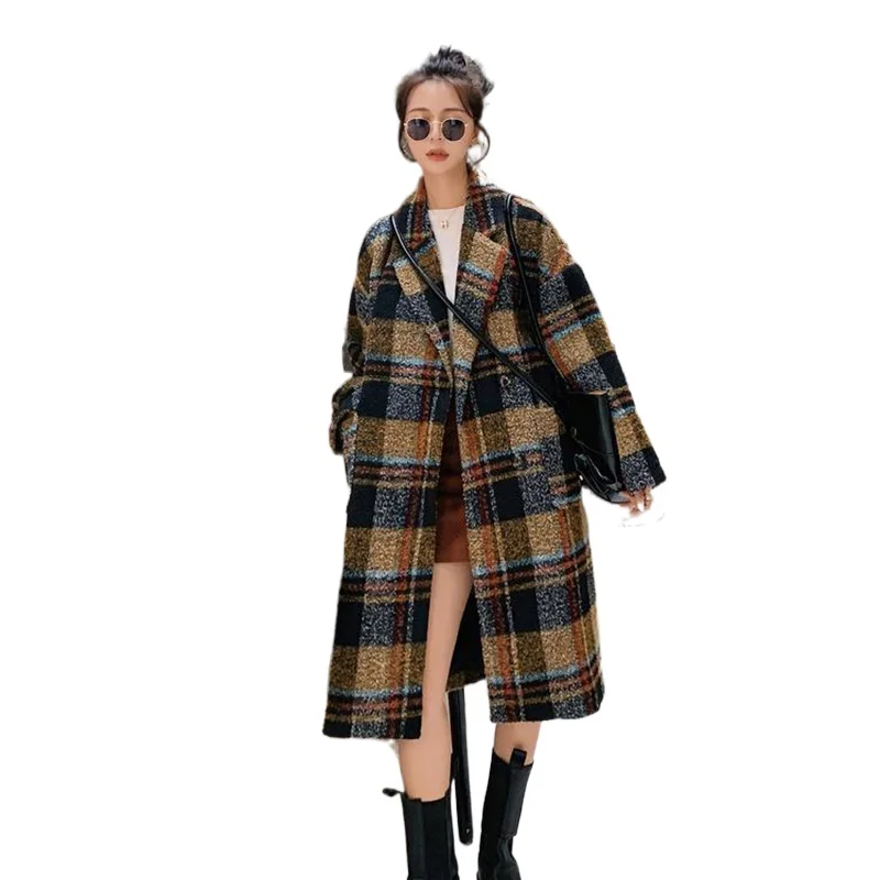 

Женское шерстяное пальто в клетку, повседневное однобортное Свободное пальто в стиле ретро, зима 2021