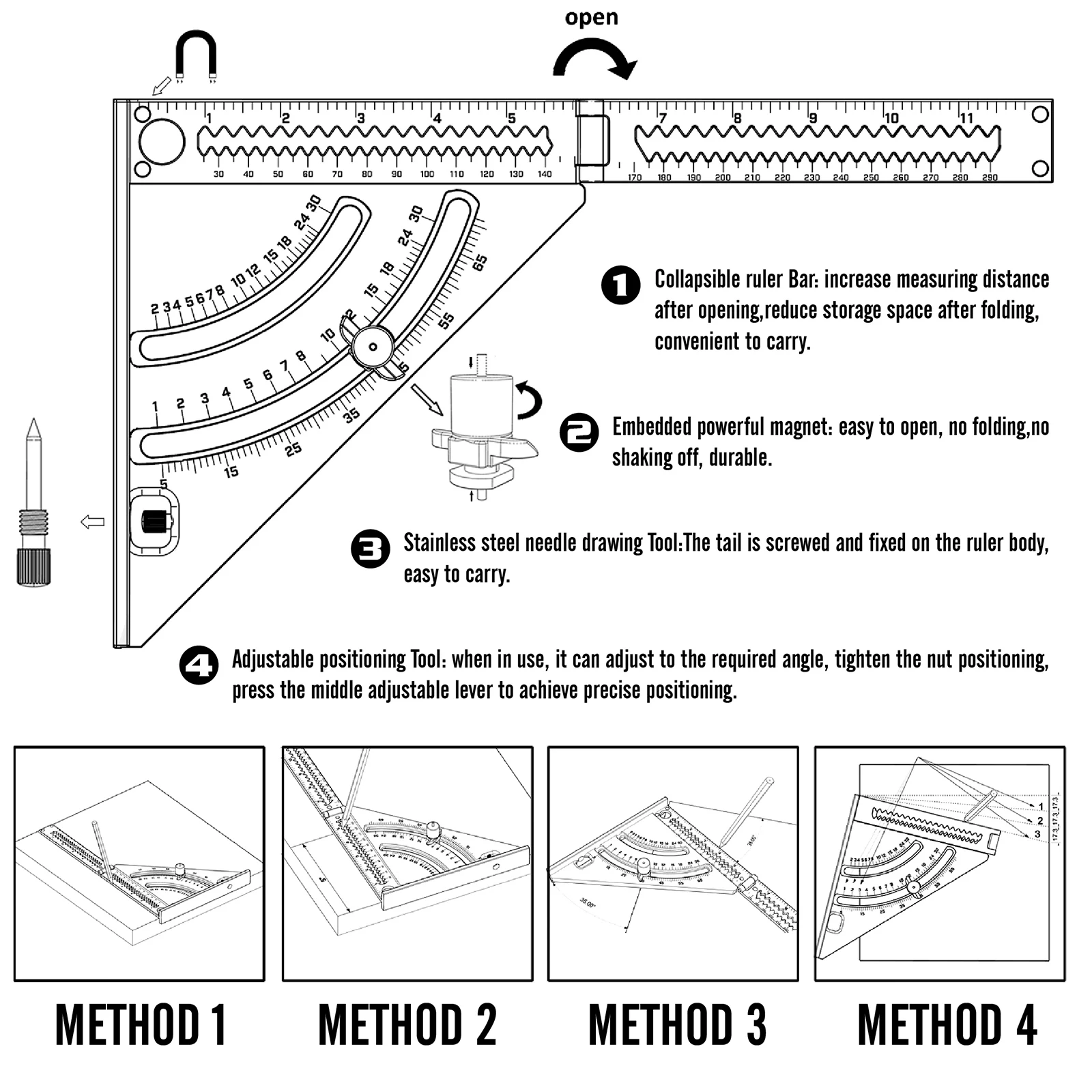 

Foldable Triangle Square Ruler Goniometer Ruler With Base Adjustable Positioning Angle Metric Triangle Ruler Woodworking Tool