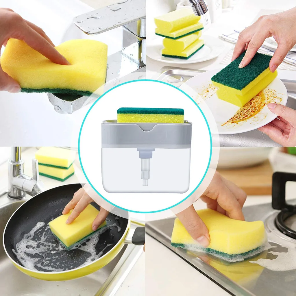 

2-in-1 Sponge Rack Soap Dispenser 13 Ounces Soap Pump & Sponge Caddy Bathroom Kitchen Organizer Home Cleaning Accessories Z0608