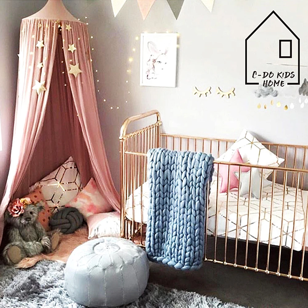 Розовый/серый хлопок детская кровать навес покрывало москитная сетка занавес