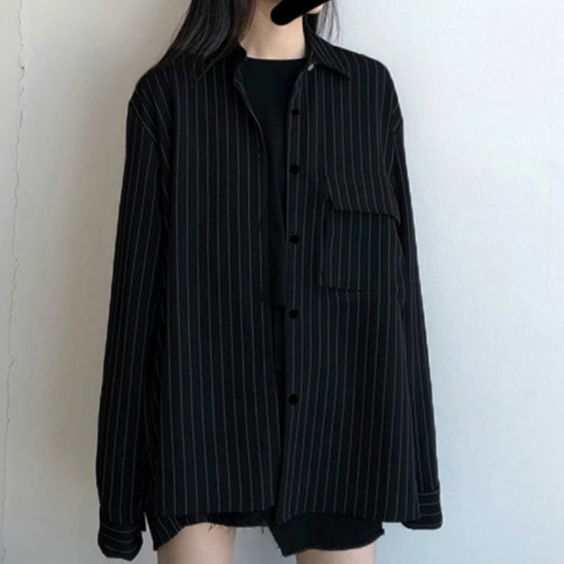 

Deeptown Vintage Shirts Women Autumn Korean Style Fashion Tops BF Long Sleeve Loose Stripe Print Button Up Shirt Black Blouse