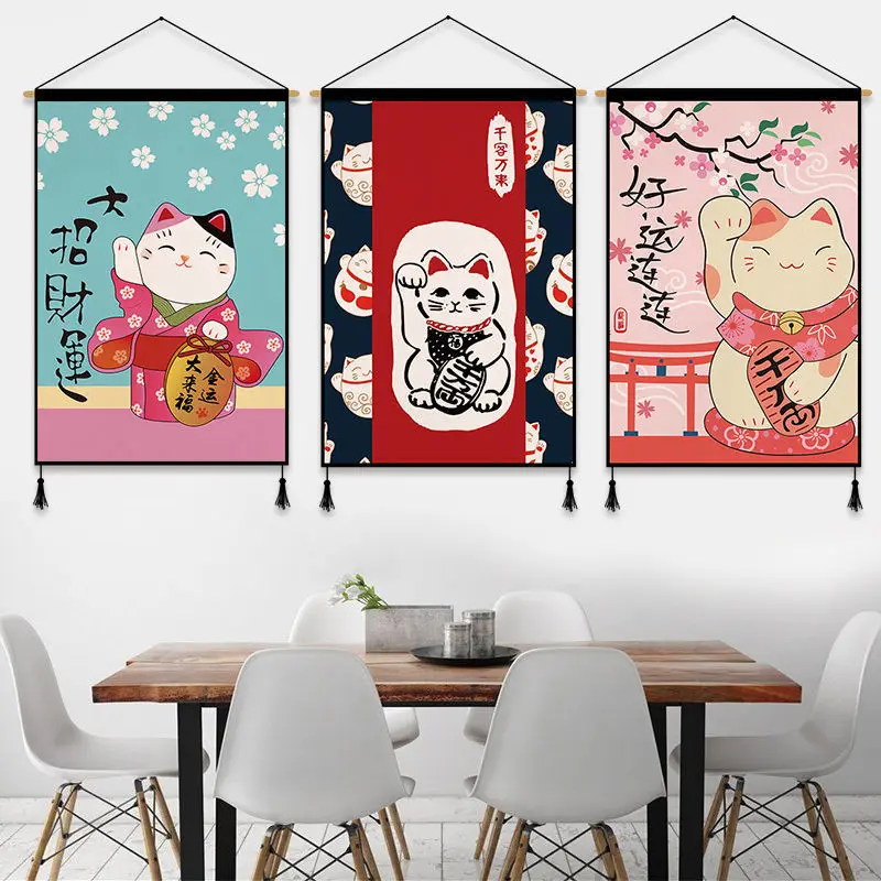 

Japanese Style Fortune Cat Wall Paintings Fujiyama Scroll Painting Room Decor Aesthetic Tapestry Living Room Bedroom Decoration