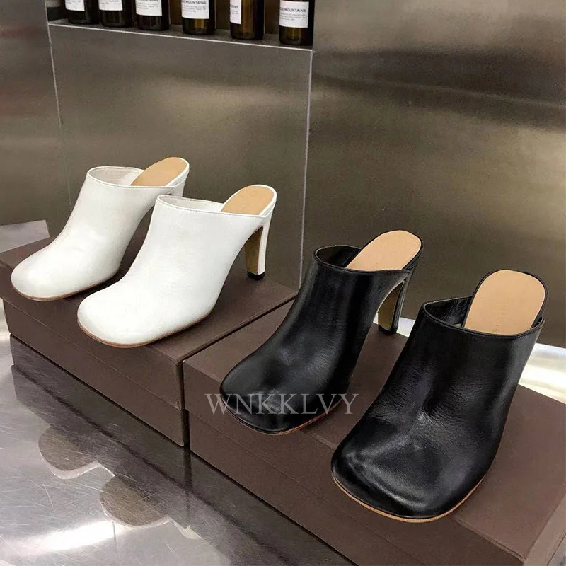 

New Sexy Square Toe High Heel Slippers Women Genuine Leather Deep Mouth Sandals Lazyman Mules Spring Party Shoes Female 2021