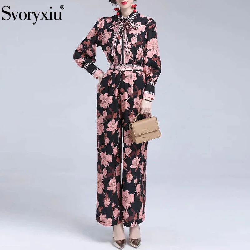 

Svoryxiu Brand Autumn Woman Retro Wide Leg Pants Suit Bow Lapel Slim Tops+Retro Sashes Straight Type Casual Trousers Two Sets Of