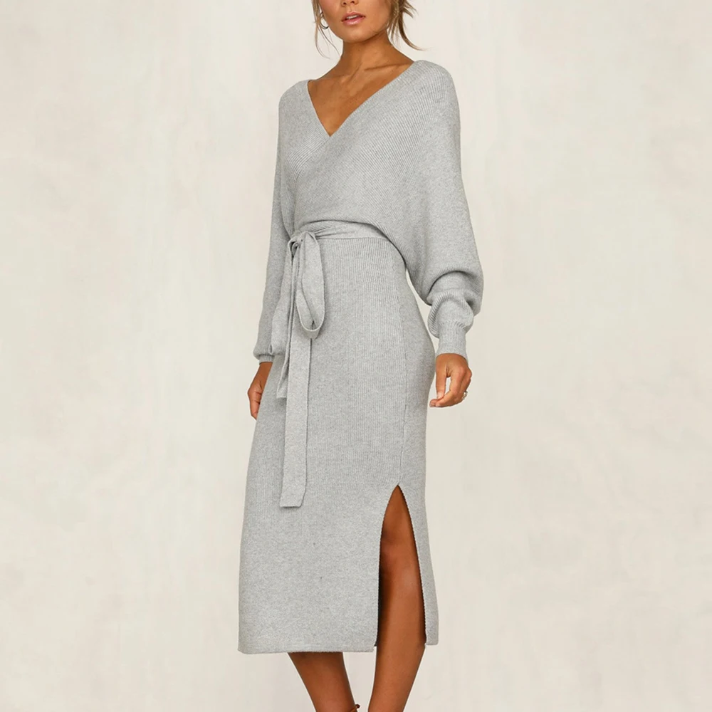 Осень 2019 женское трикотажное платье-свитер с длинным рукавом двойным v-образным