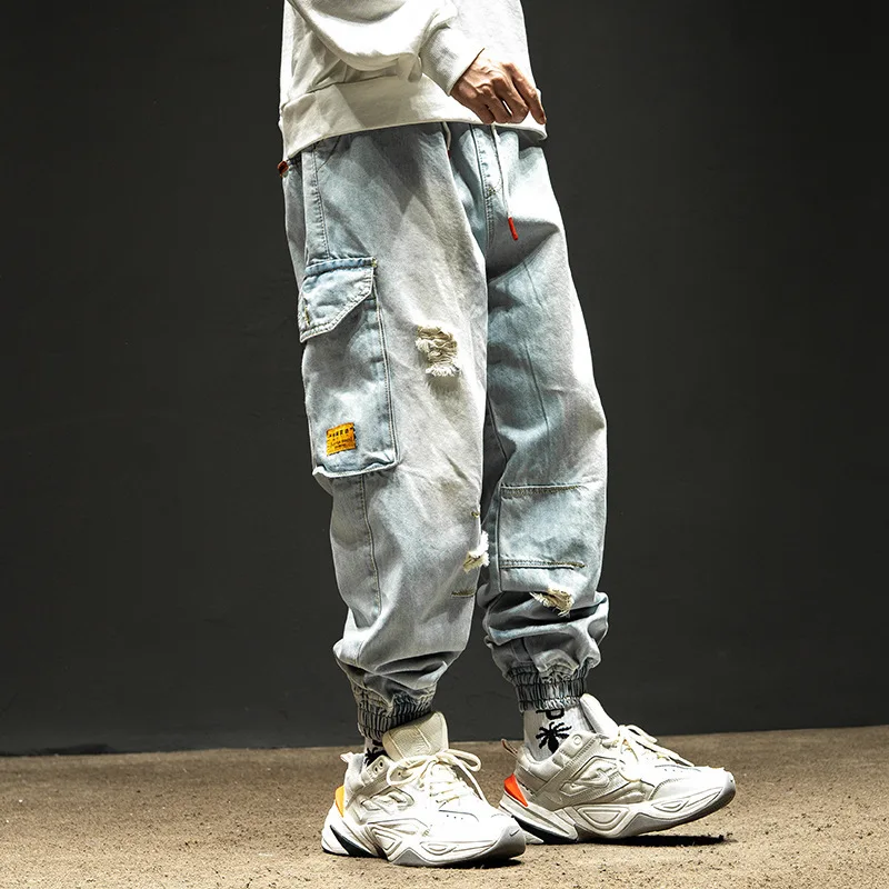 Джинсы мужские с вышивкой модные брендовые брюки-карго в стиле хип-хоп