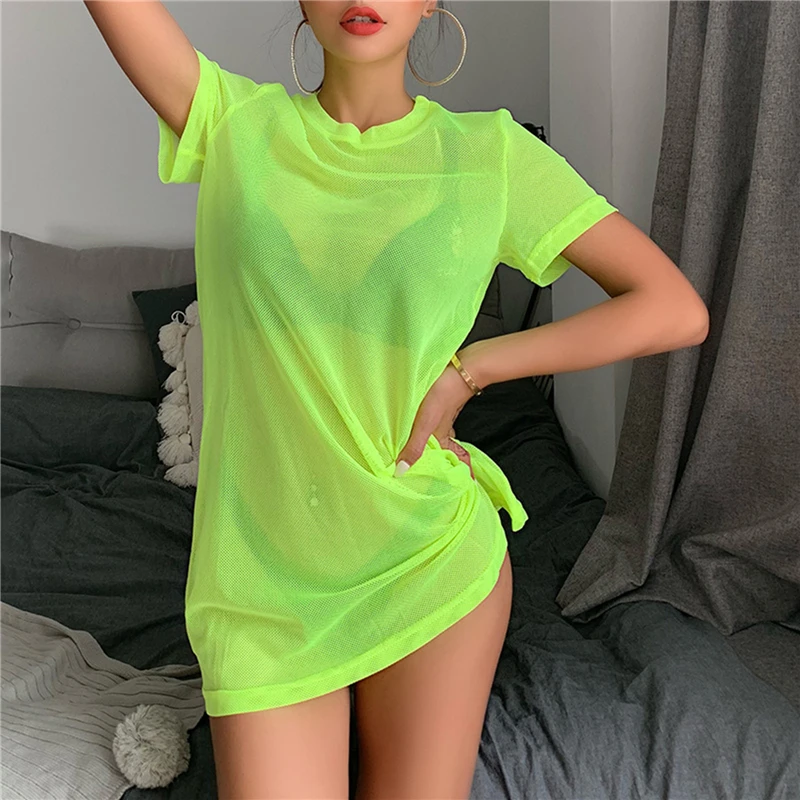

Summer Women Sexy Bikini Cover Up Swimwear Sheer Mesh Swimsuit Bathing Suit See Through Short Sleeve T-shirt Tops Beach Dress