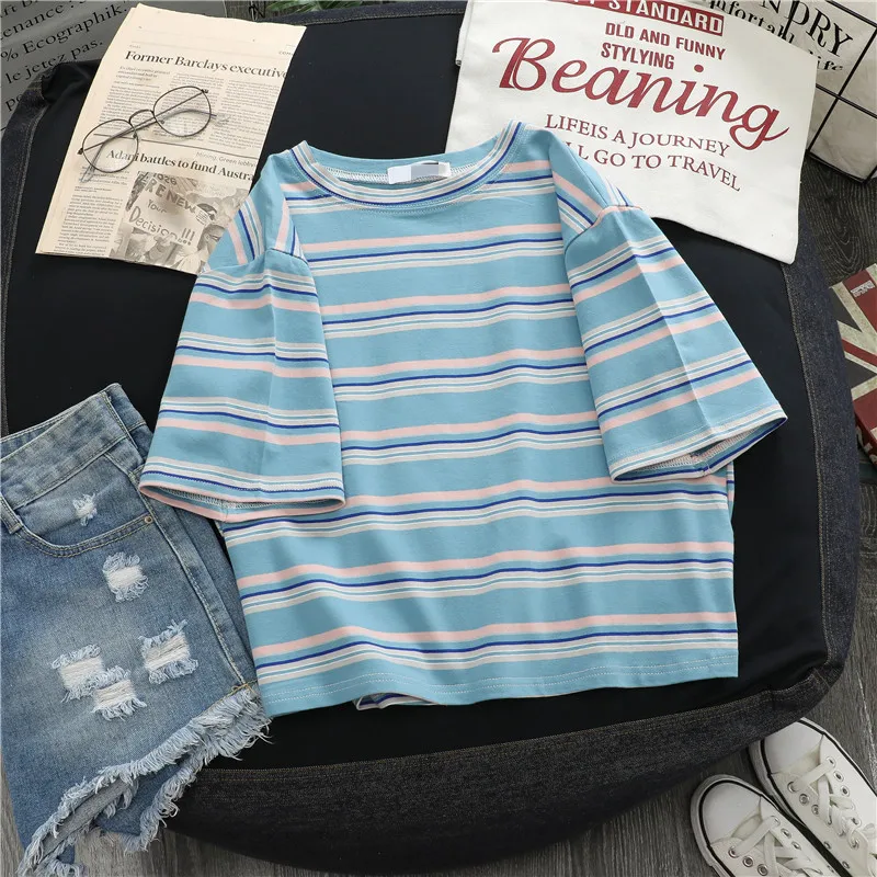 Футболка женская в полоску топ свободного покроя стиле Харадзюку с коротким