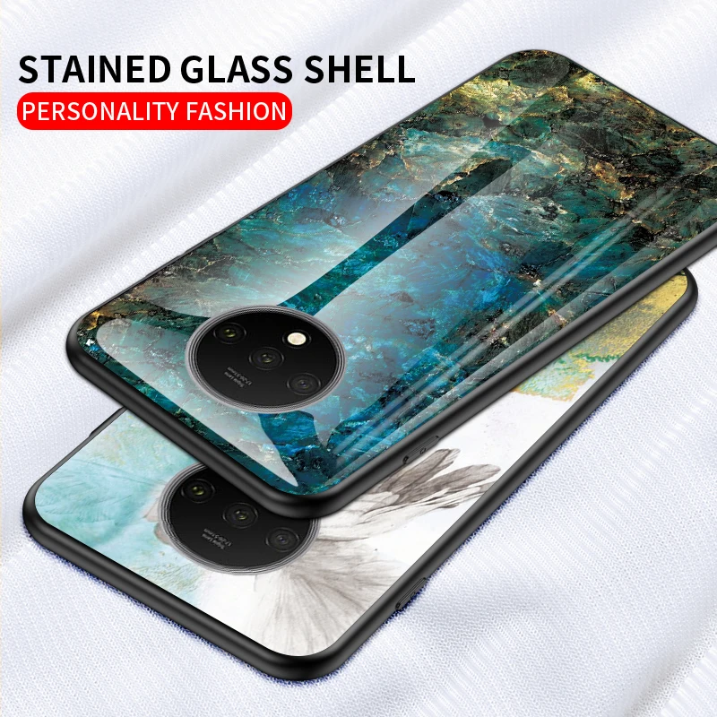 For Oneplus 7T Pro Case Luxury Marble Glass Hybrid Soft Silicone edge Hard Cover Coques |