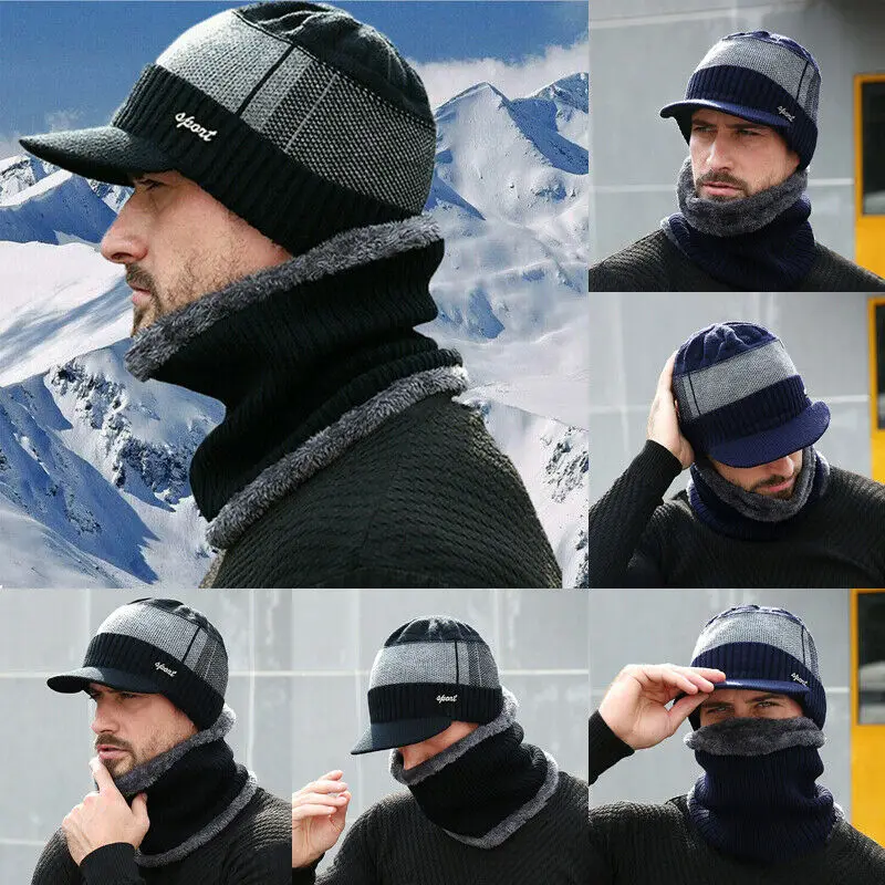 Вязаная шапка с козырьком теплая на флисовой подкладке теплый вязаный шарф