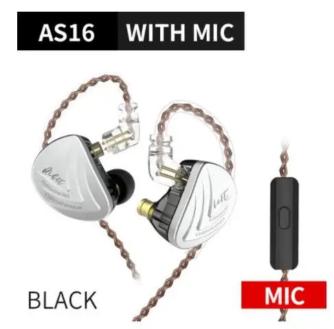 BLACK WITH MIC KZ AS16 8BA наушники-вкладыши, гарнитура с сбалансированным арматурным покрытием, высокое качество звука, монитор, HiFi наушники KZ AS12 AS10 BA10 AS06 C16 C12 - Цвет: BLACK WITH MIC