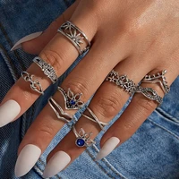 10pcsset ring sets for women men adjustable opening vintage antique silver color vintage diamond carved crown jewel ring