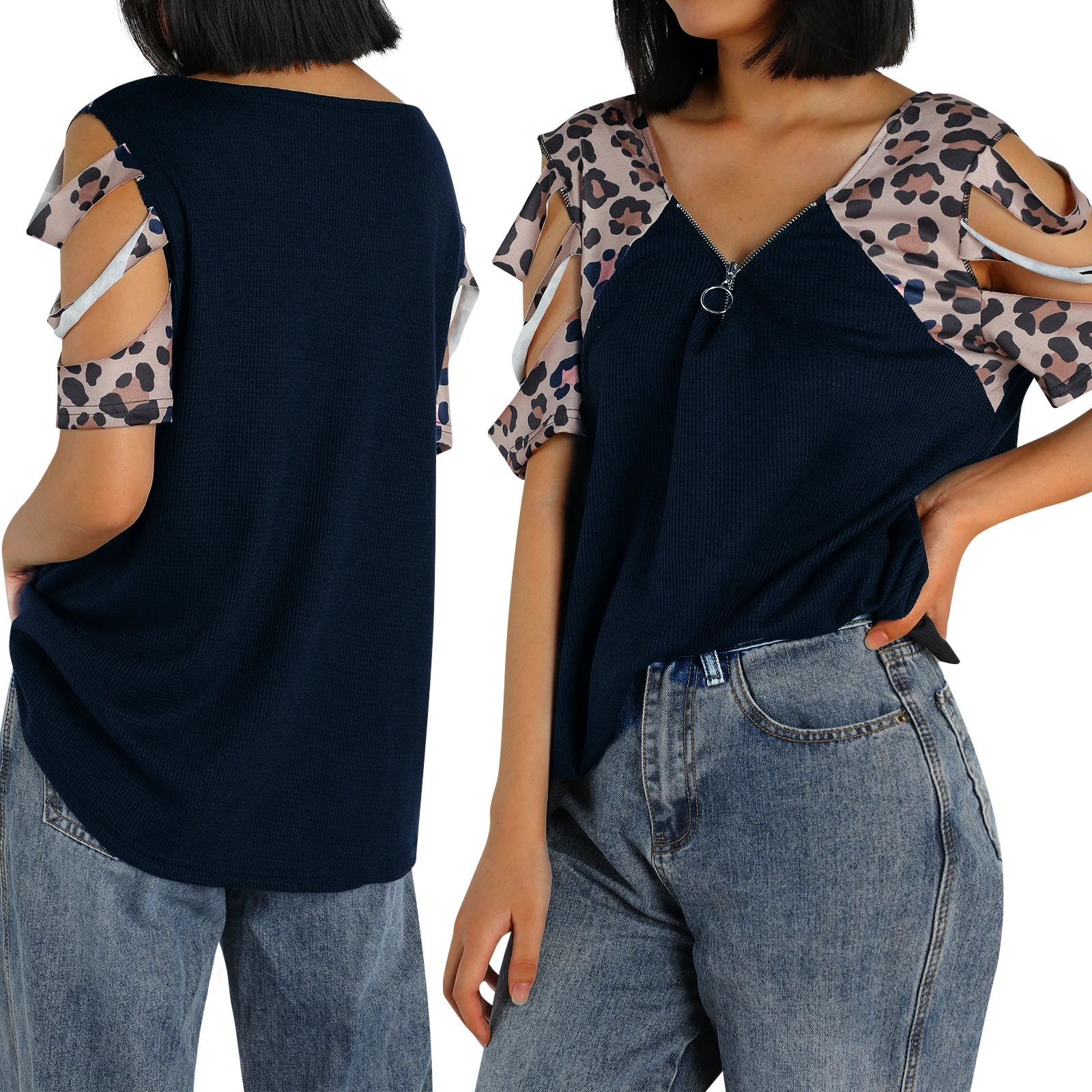Лоскутная леопардовая Футболка с вырезами женская футболка глубоким вырезом и