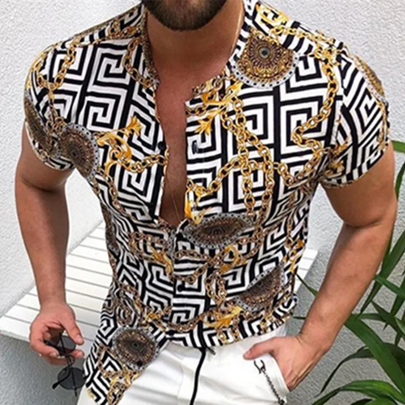 Men's Spring/Summer Large Size S-3XL Print Shirt Cardigan Loose Fashionable Short Sleeve Blouses