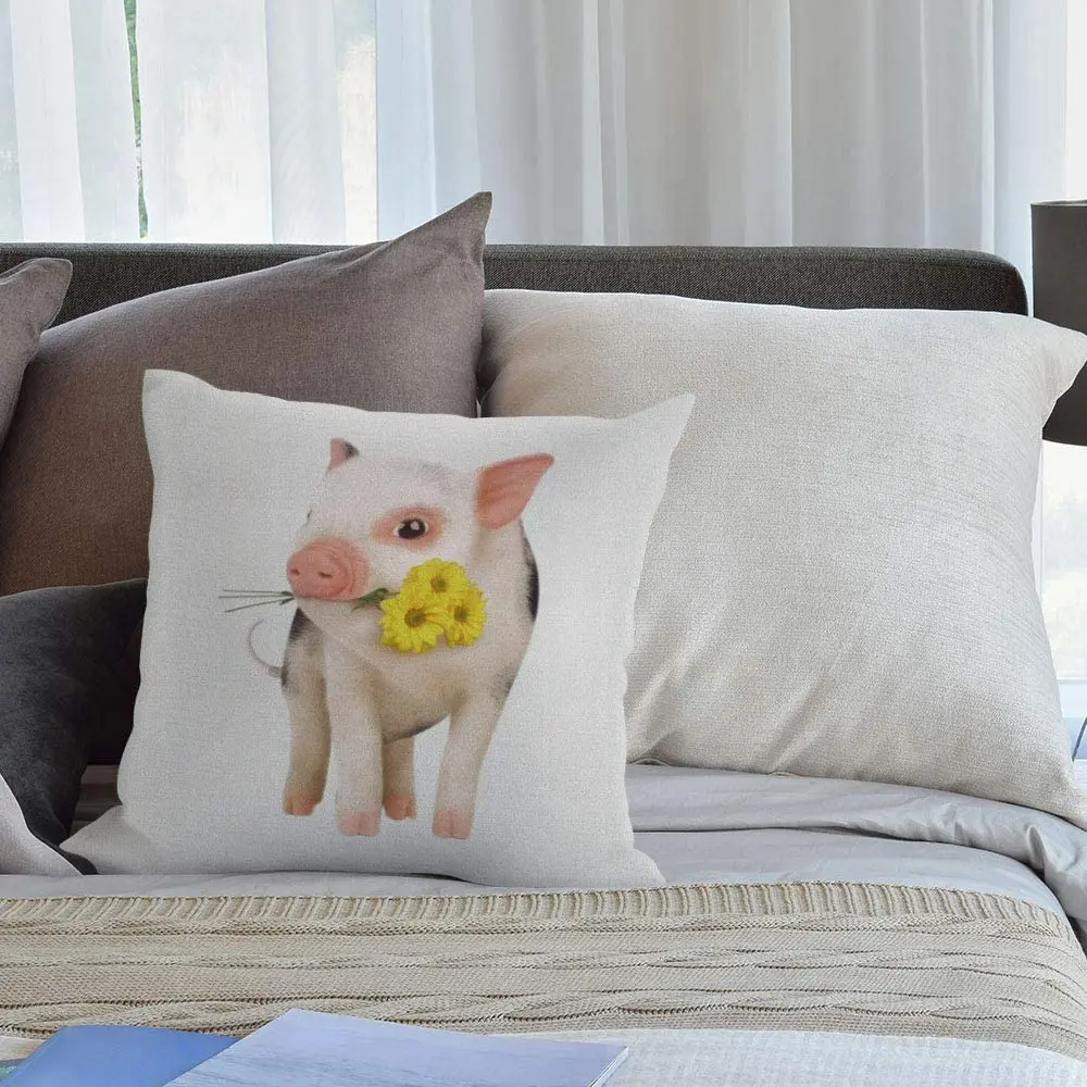 

Cotton Linen Square Decorative Throw Pillow Case Cushion Cover Cute Pink Pet Miniature Pig Yellow Daisy 18"X 18"