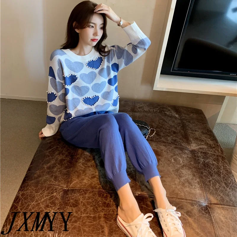 JXMYY Fashion Love Printed Knitted Two Peice Suit Women Long Sleeve Sweater Tops And Solid Colors Casual Pants Female |