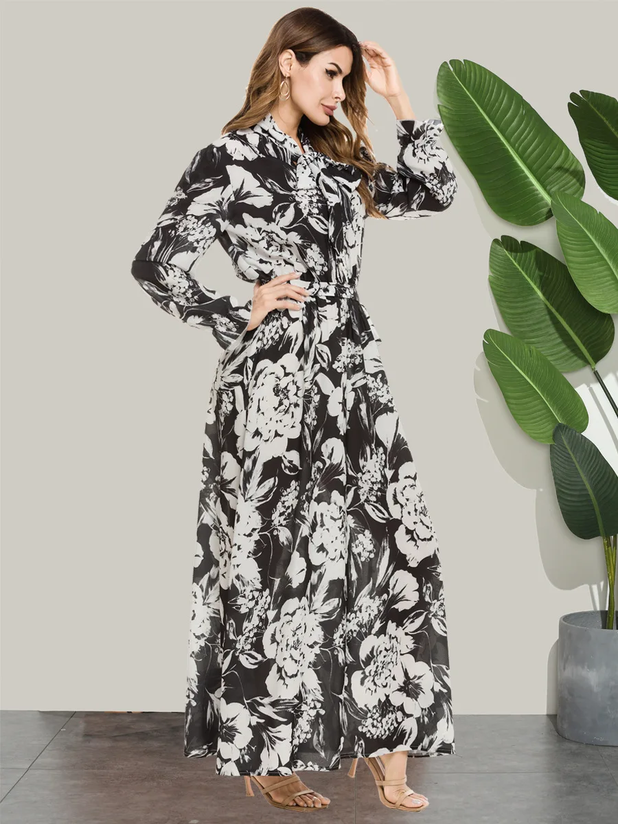 

Elegant Lace-up Muslim Dress Women Chiffon V Neck Eid Mubarak Abaya Dubai Turkey Morccan Kaftan Islamic Clothing A-line Dresses