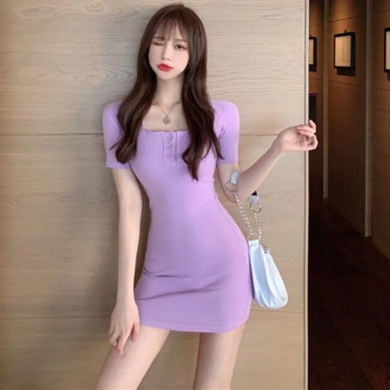 

New Style Women's Dress Solid Color Short Sleeve Square Collar Short Mini Summer Dress Slim Fit Sheath Dresses for Women