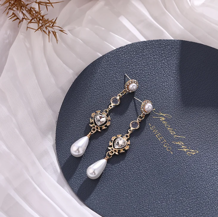 Хрустальные Классические Женские Висячие серьги с жемчугом в форме сердца