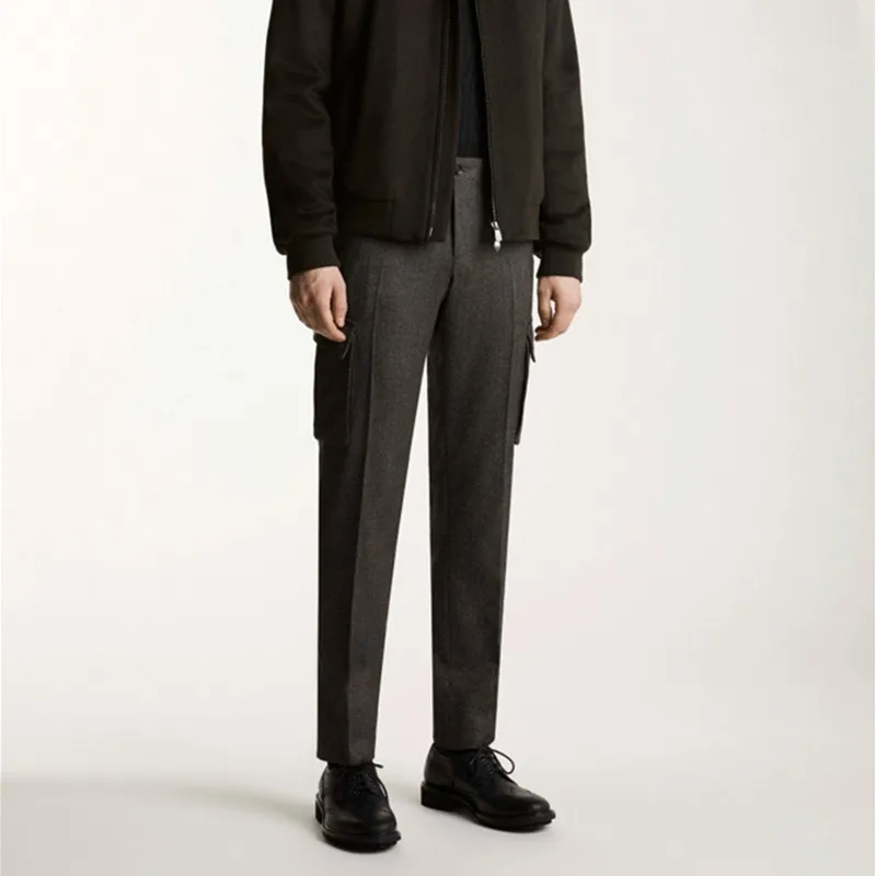 Men's woolen cloth slim-fitting custom casual pants nine-point loose winter new product pocket woolen straight leg pants