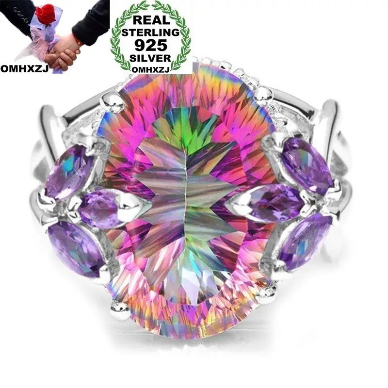 

OMHXZJ Wholesale European Fashion Woman Man Party Wedding Gift Silver Colorful Oval AAA Zircon 925 Sterling Silver Ring RR110