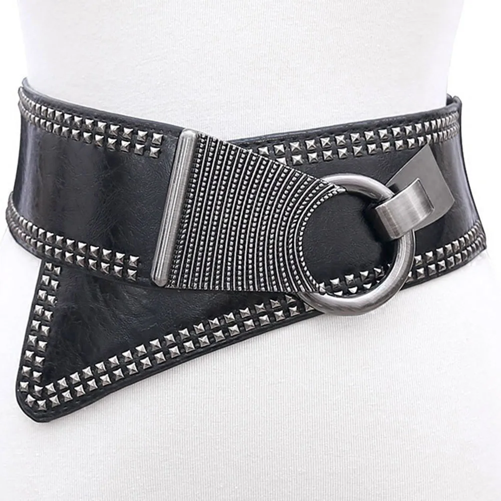

Women Wide Belt Elastic European Style Buckle Leather Punk Round Rocker Metal