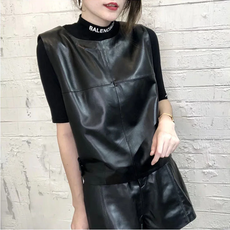 

Women Genuine Leather Waistcoat Sheepskin Loose Fit Pullover Sleeveless Jacket Lady Autumn Short Leather Vest Streetwear Tops