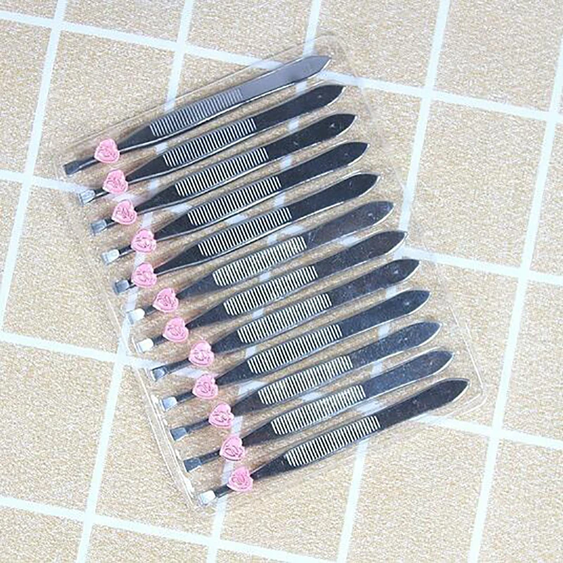 

12pcs Hair Removal Tweezers Stainless Steel Eyebrow Tweezers Pink Slanted Black Tip Point Face Harmless Makeup Beauty Tool