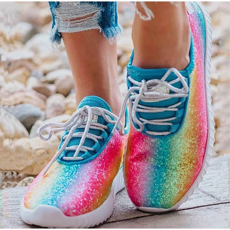 

Autumn Women's Shoes New Lace-up Vulcanized Shoes Large Size Women Shoes Flat Sequins Rainbow Colors Casual Single Footwear