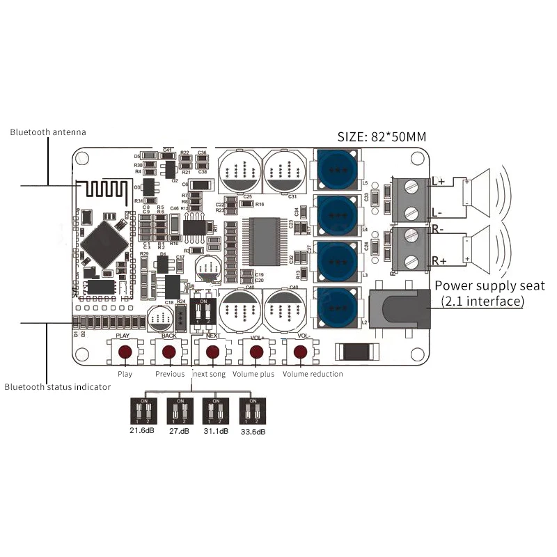 

Wireless Bluetooth 4.0 DC 8-25V Audio Receiver Digital TDA7492P 25W+25W Amplifier Board