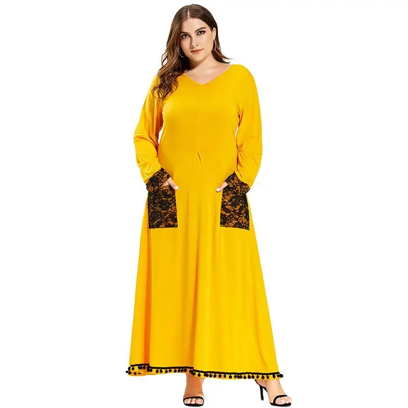 

4xl plus size elegant Long maxi dress lace big size women dress yellow casual fall winter dress large size muslim robe femme