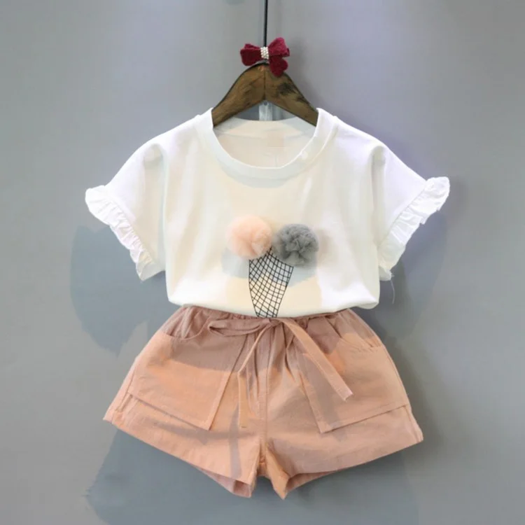 Летние комплекты одежды для девочек рубашка с оборками на рукавах и шорты