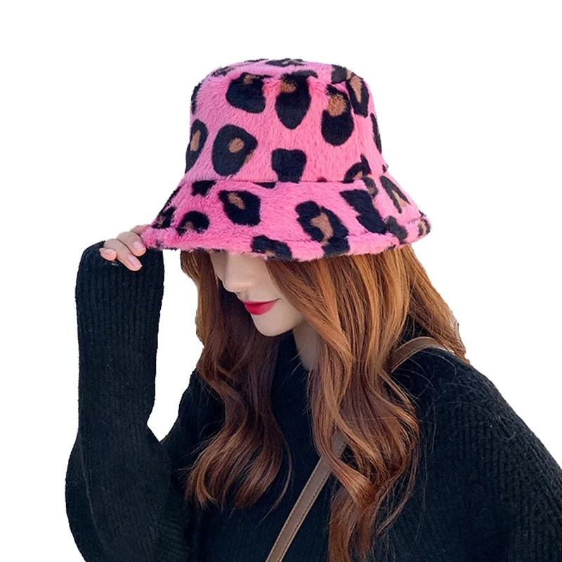 2021 New Korean Winter Vintage Leopard Plush Bucket Hat Women Warm Faux Fur Bucket Cap Japanese Sweet Cute Fisherman Hat