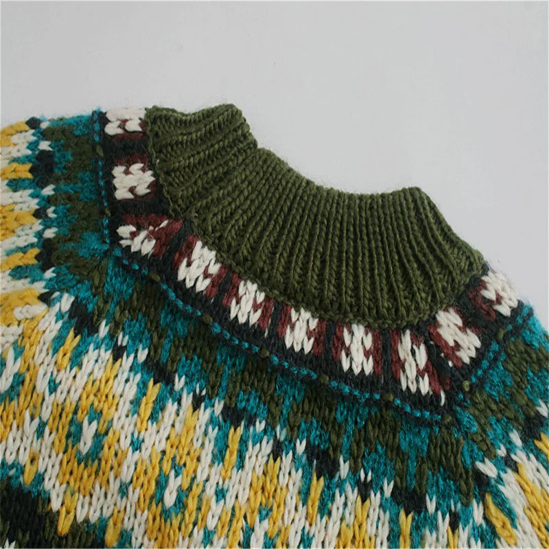 

Za Vintage Jacquard Green Knit Sweater Women O Neck Long Sleeve Stripe Pattern Sweaters Woman Fashion Winter Pullover Top