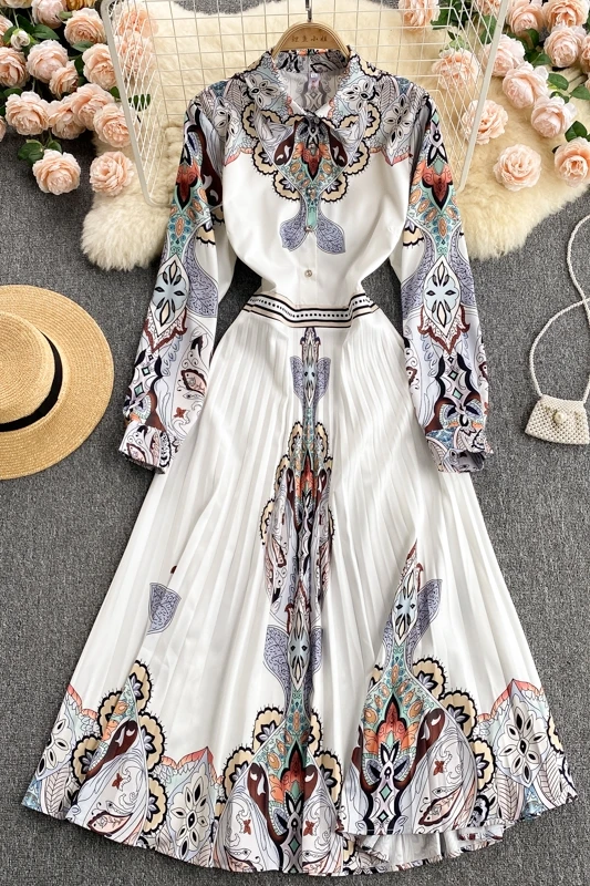 

Women's Vintage Printed Pleated Long Dress Summer Autumn Long Sleeve Palce Style Shirt Dress 2021 Ladies Office Wear Vestidos
