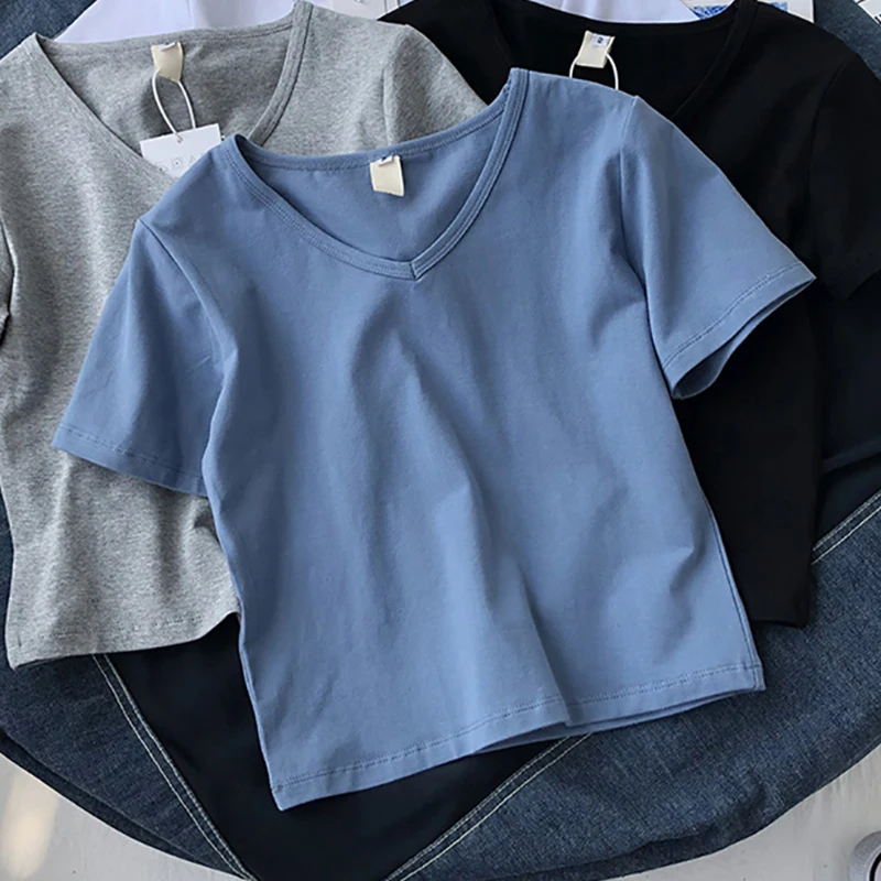 

Summer 2021 New Chic T Shirt Women Solid White Black V-Neck Short Sleeve T-shirt Fashion Women's Cheap Crop Top Free Shipping