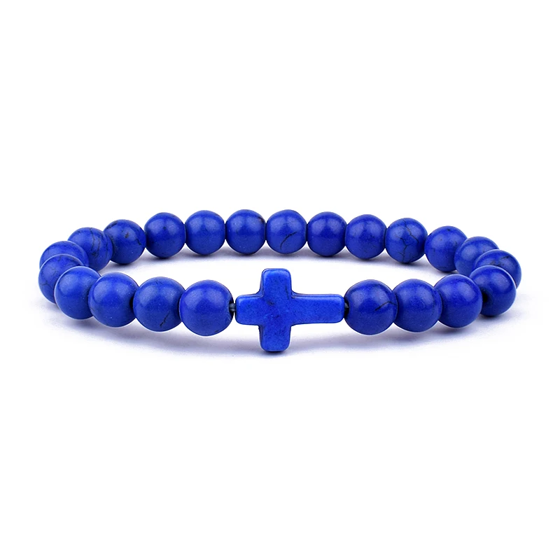 

Trendy Jesus Cross Charm Blue Turquoises Men Bracelet Black Lava Stone 8mm Blue Beads Bracelets Bangles for Women Yoga Jewelry