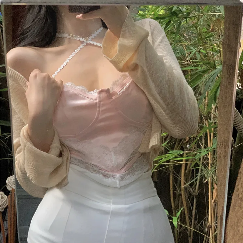 

belt vest inside the female take lace sexy summer 2021 new v-neck blouse off-the-shoulder render wear women's clothing