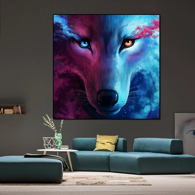 Постер с животными на холсте красочные красные и синие волки прикроватная
