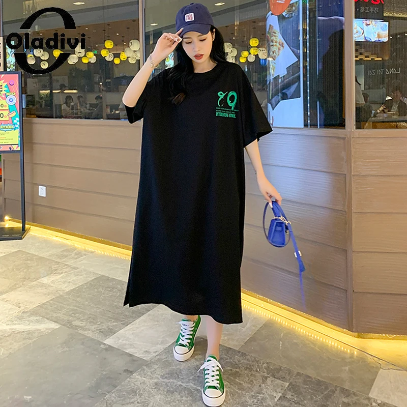 

Oladivi Oversized Clothing Letter Print Short Sleeve Cotton Dress Women Summer Casual Loose Midi Dresses Good Quality Robe Femme